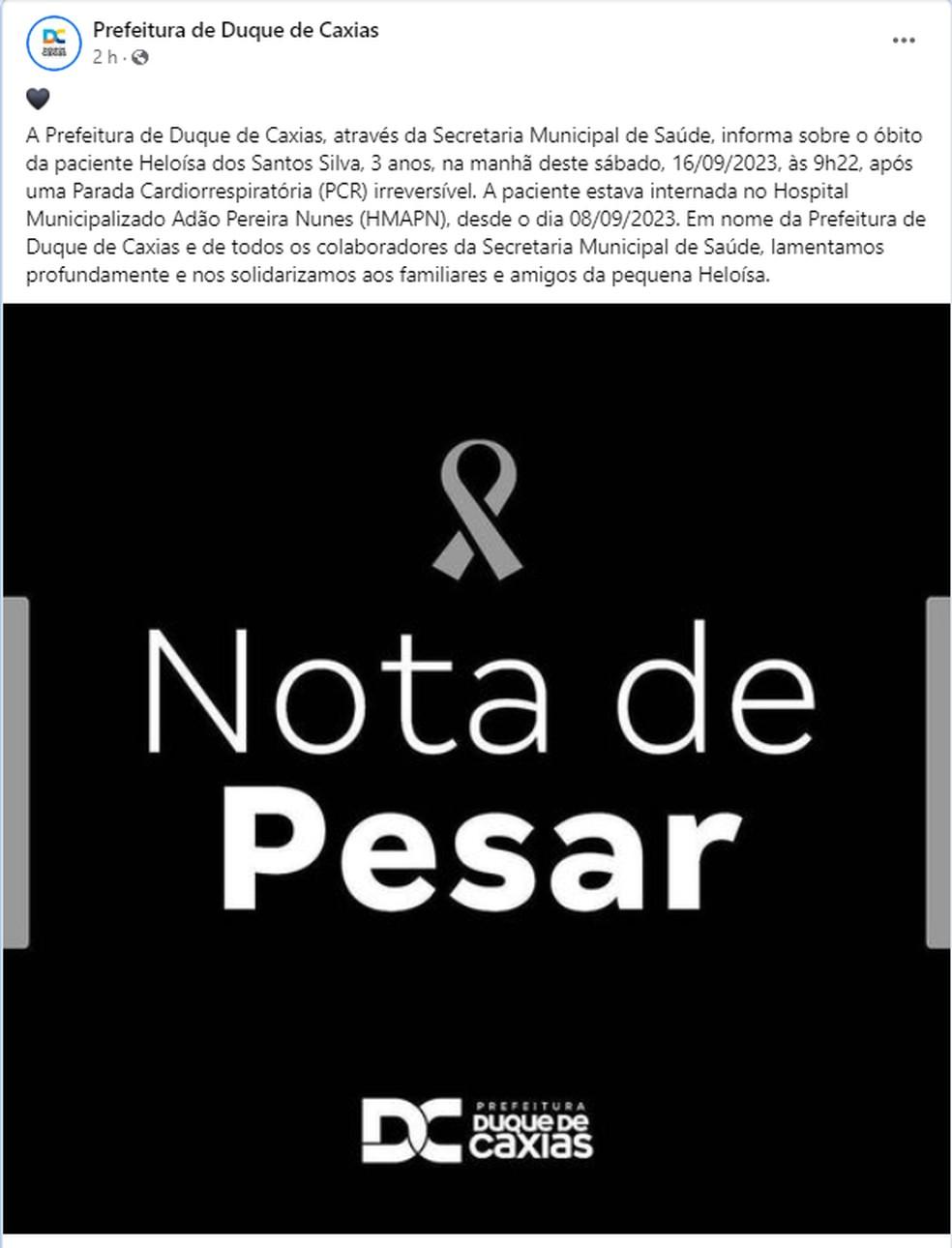 Prefeitura de Duque de Caxias publicou uma nota de pesar neste sbado Foto Reproduo Facebook