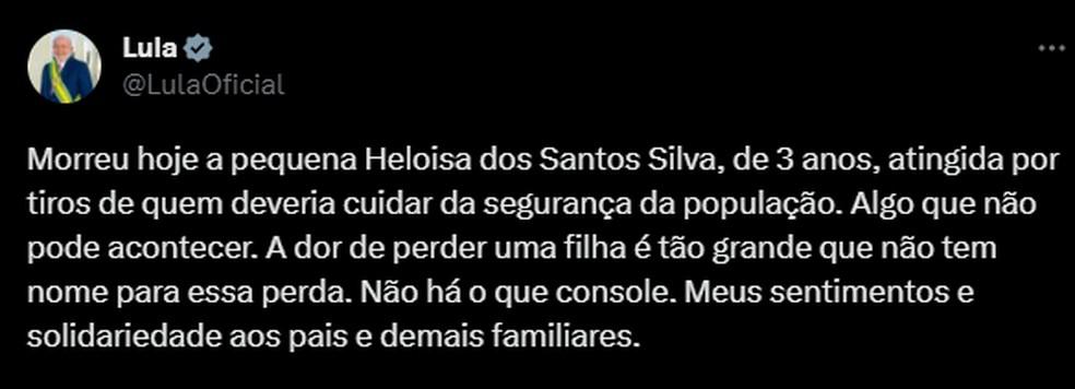 Lula publicou mensagem sobre a morte da menina Heloisa Foto ReproduoX